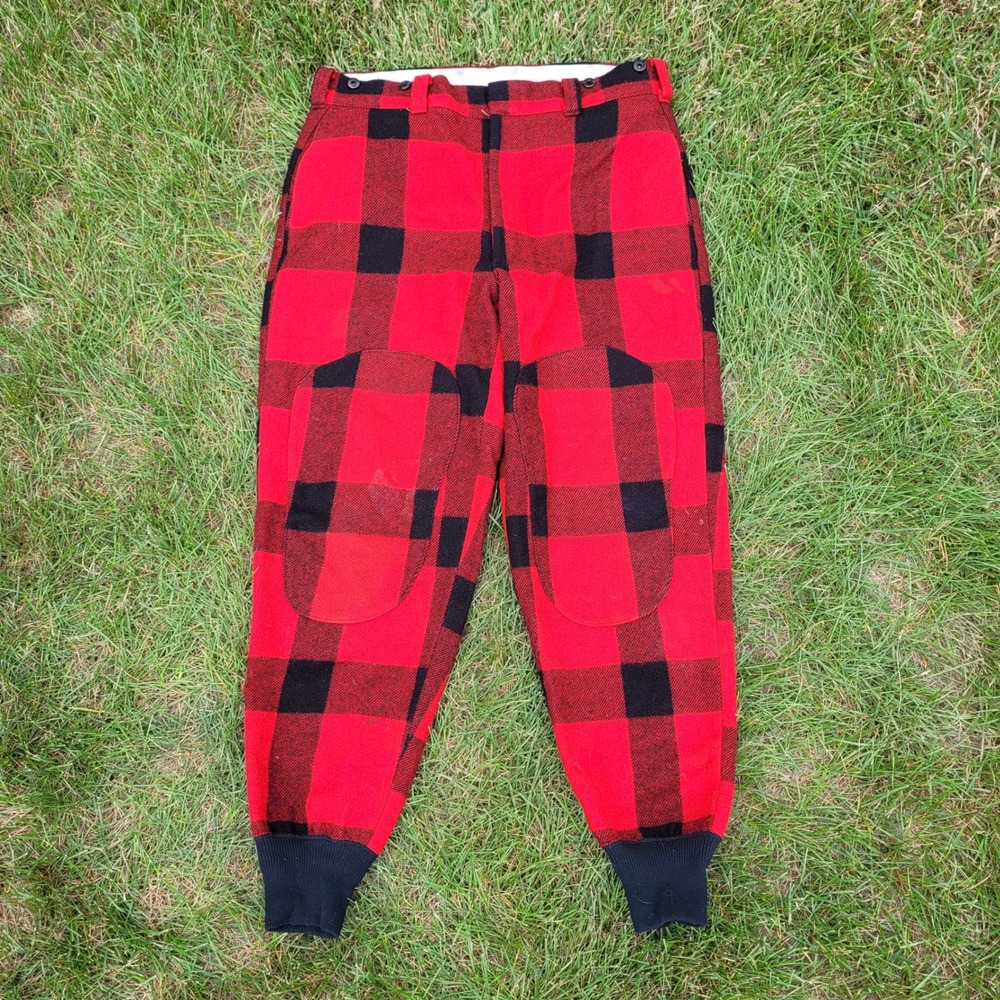 Vintage Woolrich Wool Pants Mens 38 Red Zip Buffalo Plaid Double Knee 60s 70s